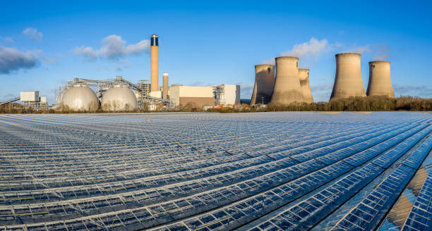 An aerial view of Drax Power Station and the greenhouses that grow salad and vegetables from the excess heat that the power station uses