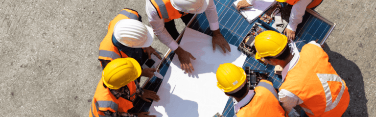 project manager instructs engineers for construction
