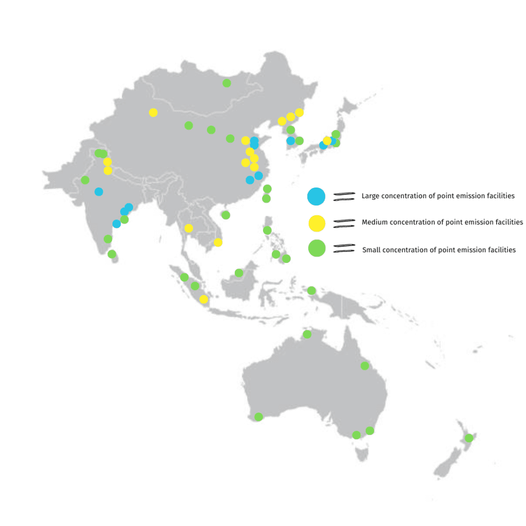 Map of emission points concenrtations in Asia Pacific region