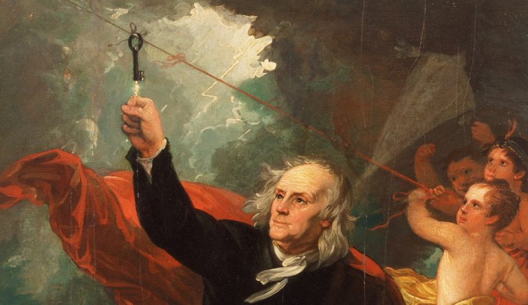 USA Founding Father, Benjamin Franklin, and his Key Experiment (painting)