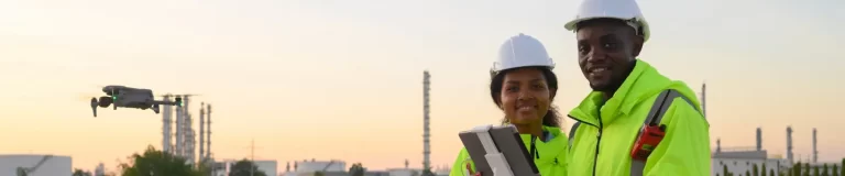 oil and gas engineers male and female smaile at the camera while standing in front of a petroleum refinery plant