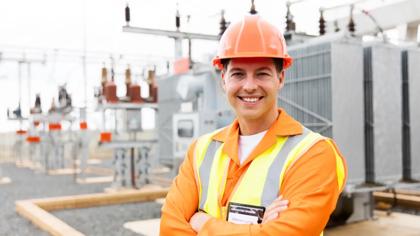 happy engineer working at a power plant smiles at the camera