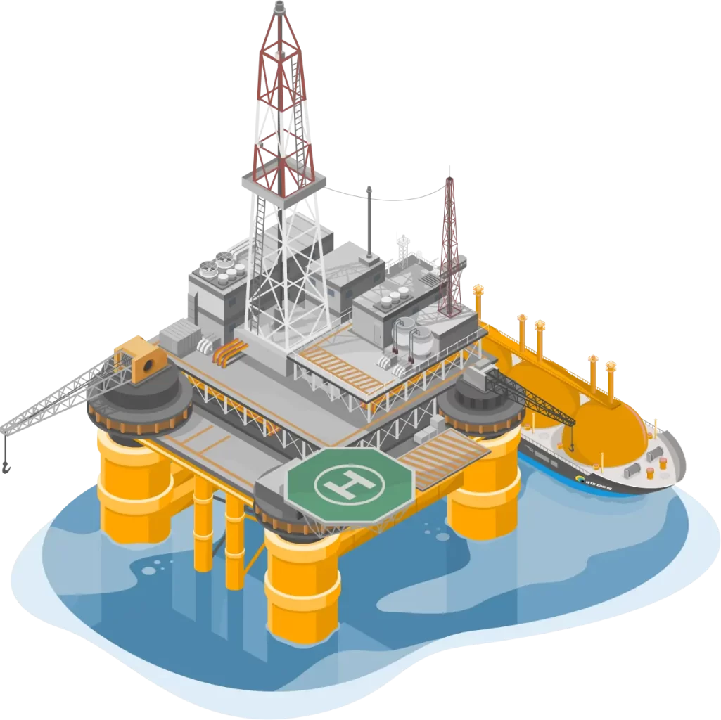 Oil platform at sea with an orange coloured vessel