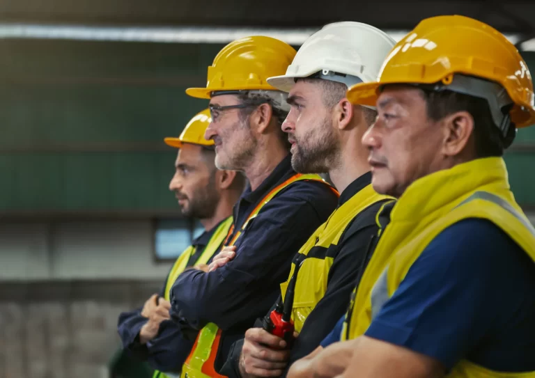 A team of industrial workers in safety gear standing in a row, symbolizing recruitment and workforce solutions in manufacturing and construction
