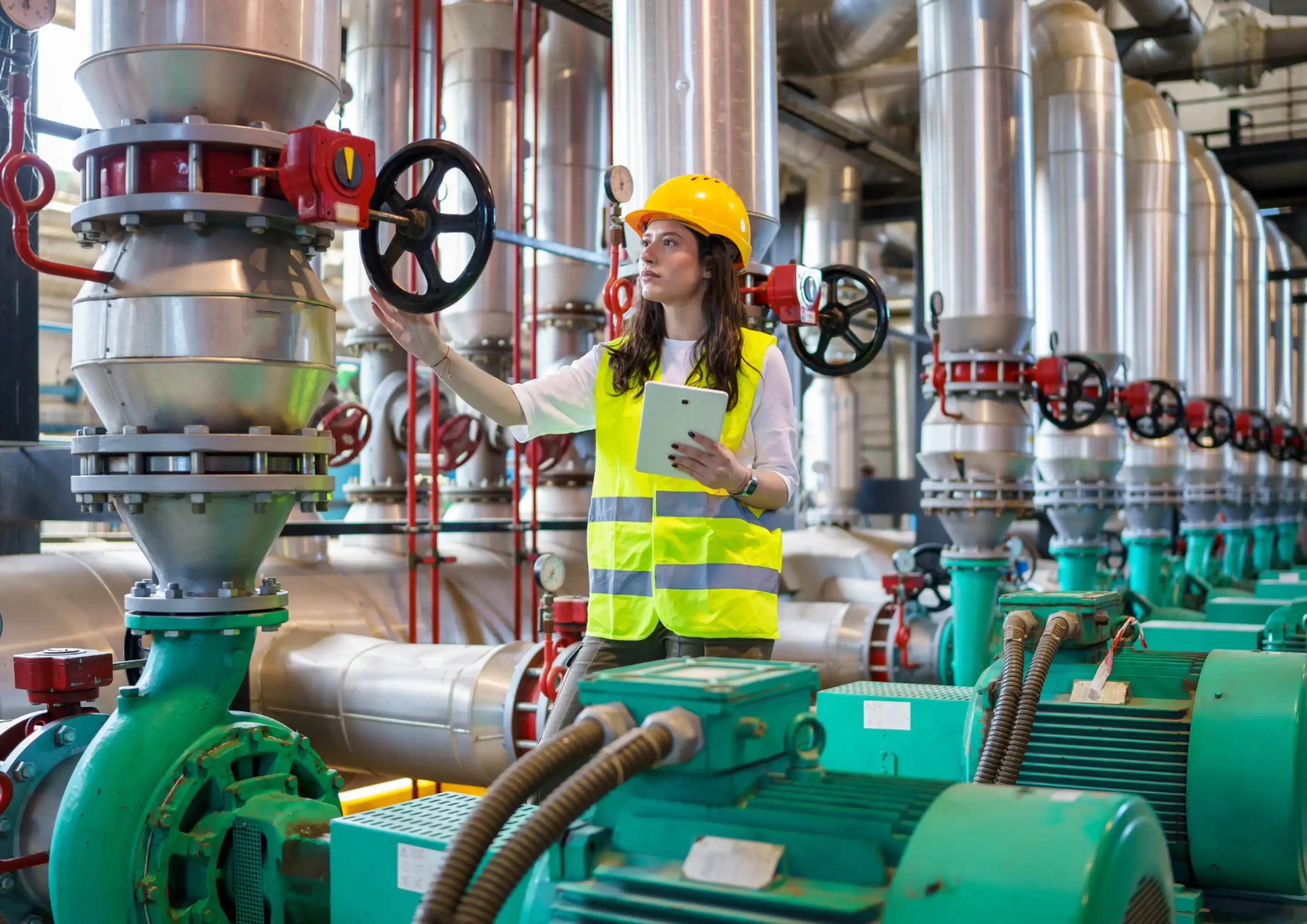 Engineer inspecting equipment in an industrial facility, representing Operations and Maintenance services for the biofuels industry.