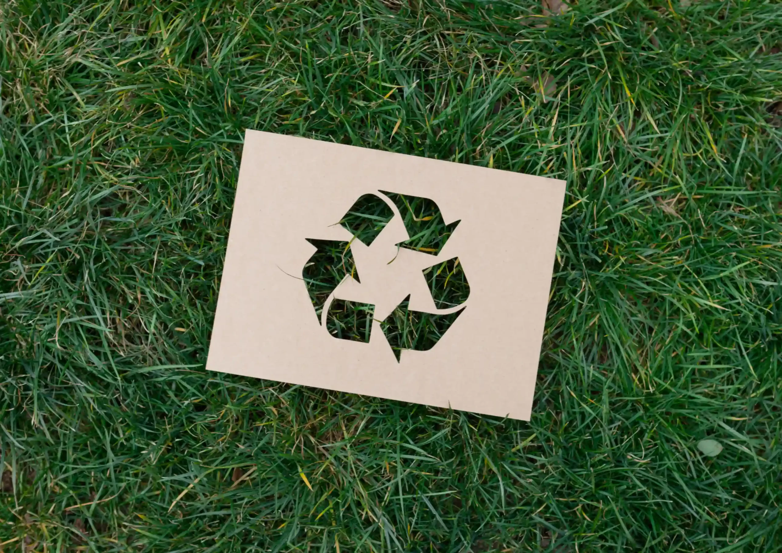 Cardboard with a cut-out recycling symbol on grass, representing O&M services for the biofuels industry.