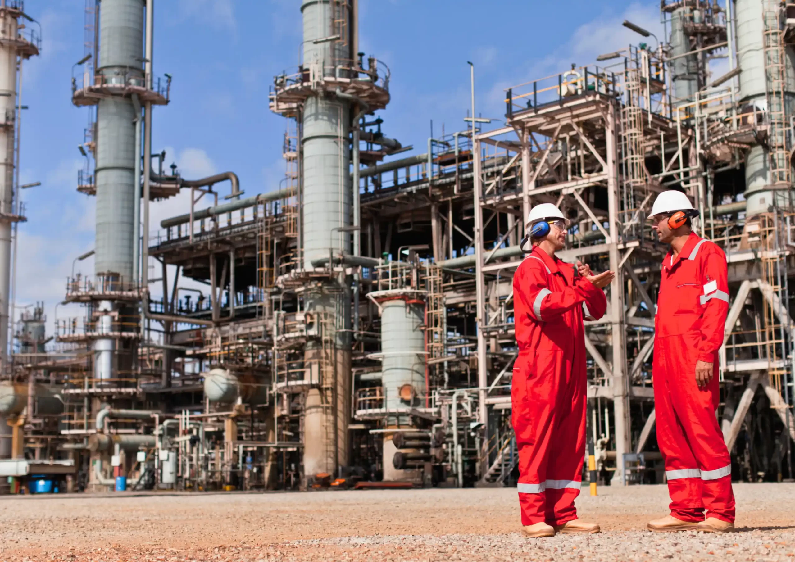 Engineers discussing operations and maintenance at an oil and gas processing facility.
