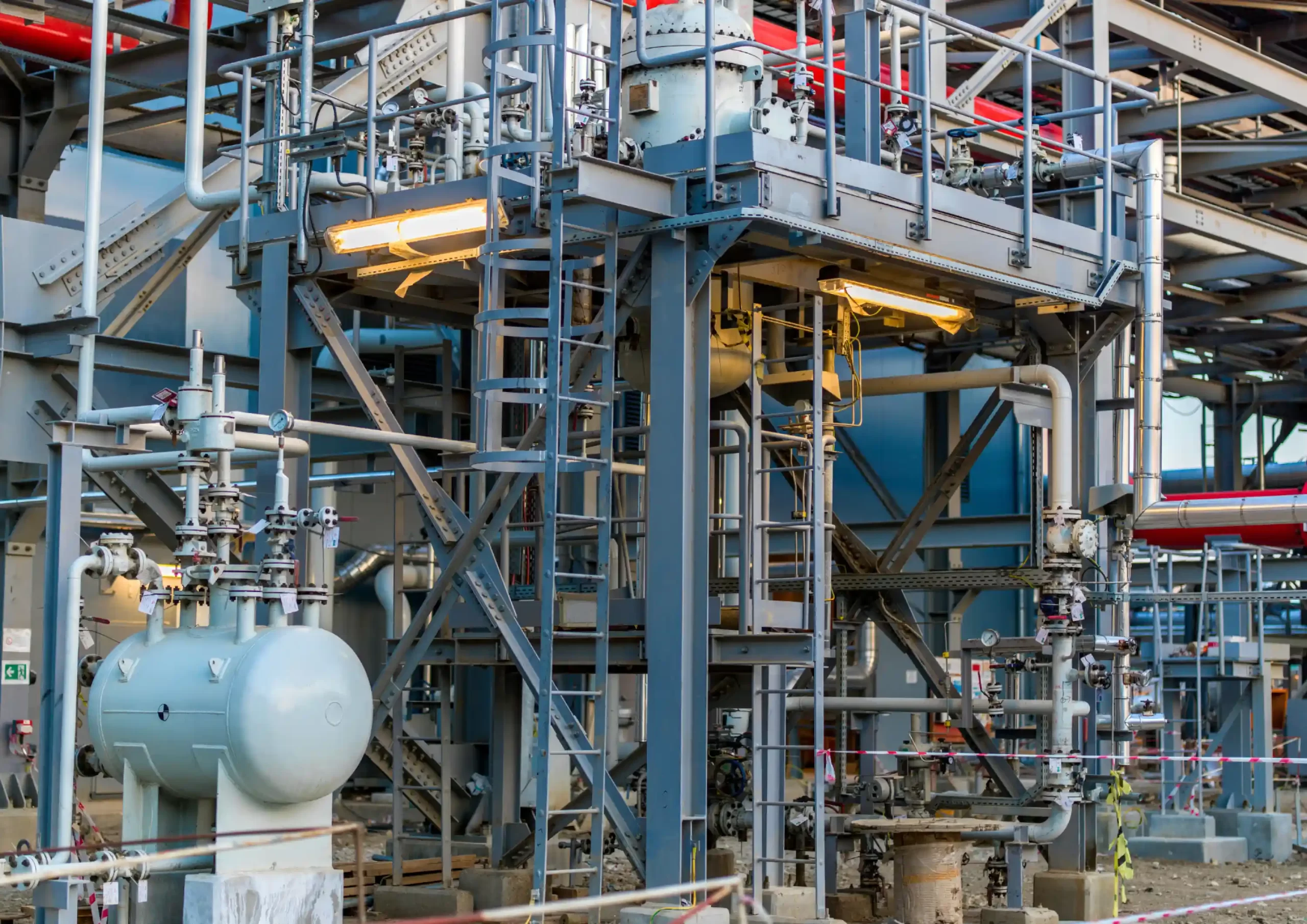 Industrial equipment and piping systems at an oil and gas facility supporting operations and maintenance activities.